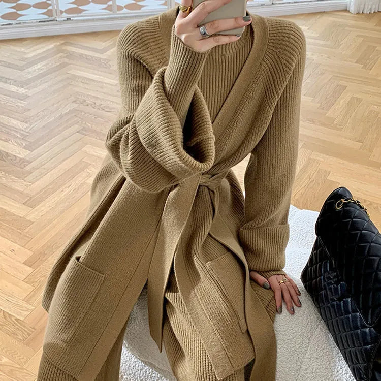 Women's knitted three-piece set showing top, cardigan, and wide-leg pants with leather stitching details