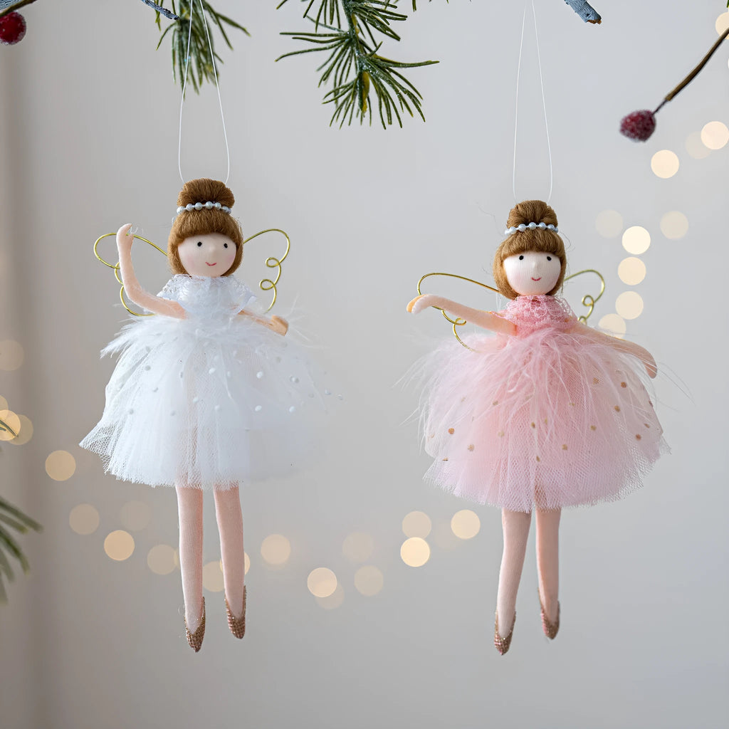 Pink cloth ballet girl plush doll with angel wings and pendant design on white background