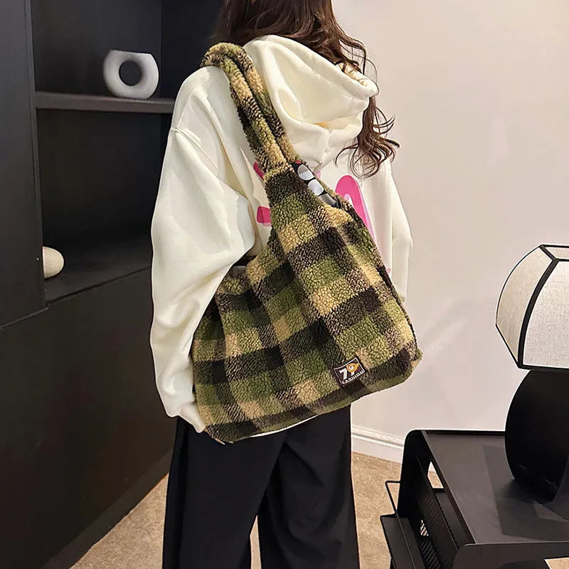 Women's plaid crossbody tote bag showing orange, purple, and army green options with large capacity design