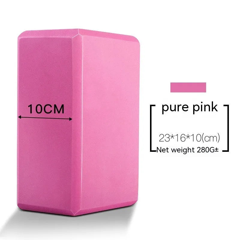EVA foam yoga block in violet colour, shown next to a pink block, demonstrating its size and rectangular shape for fitness support.