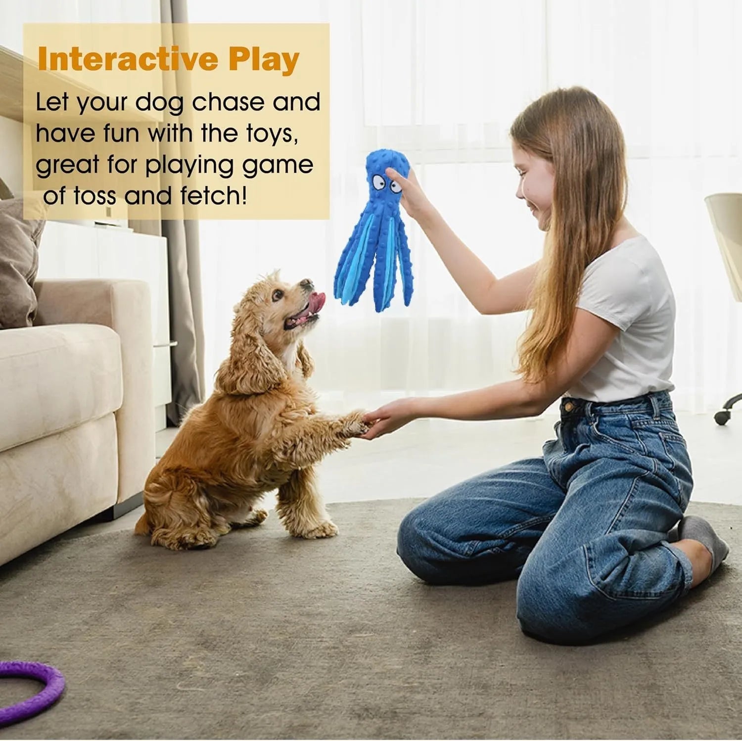 Blue octopus-shaped dog chew toy with crinkle sounds, unfilled construction, bite-resistant mesh material