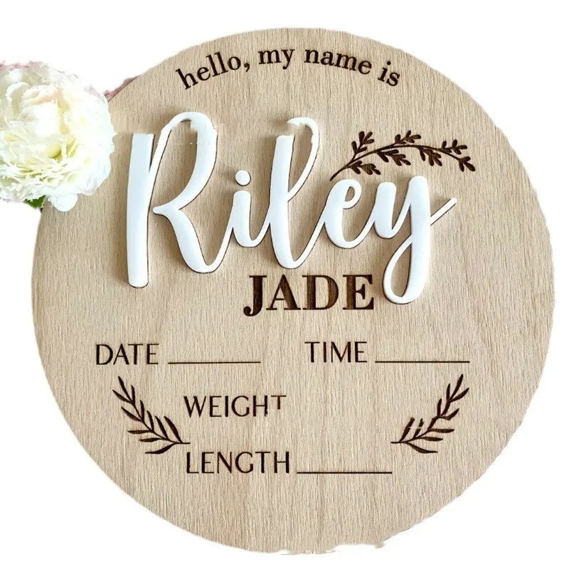 15cm square plywood baby name sign with birth details in one of three available style variants