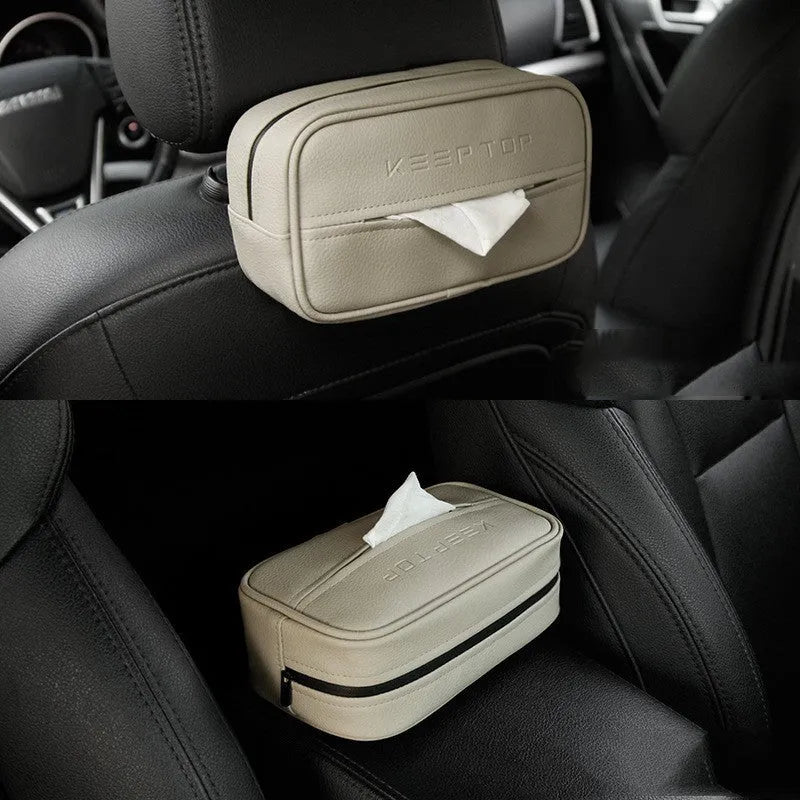 Black PU leather hanging storage bag with hook for car or home organisation