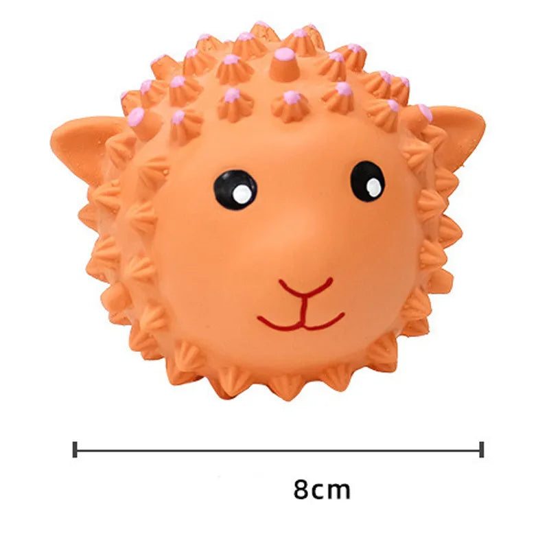 Orange and yellow spiky latex squeaky dog toys shaped like animals for teeth cleaning