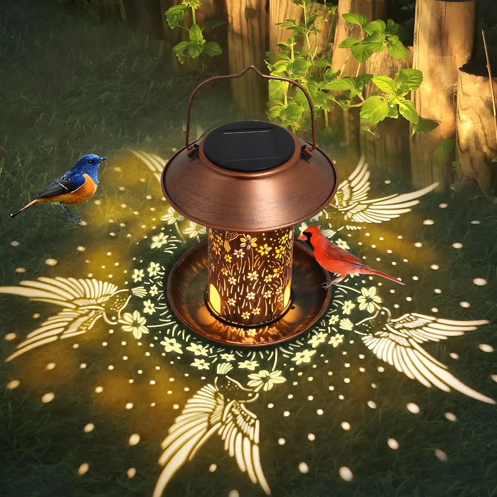 Iron art solar-powered bird feeder lamp with hummingbird design for outdoor gardens.
