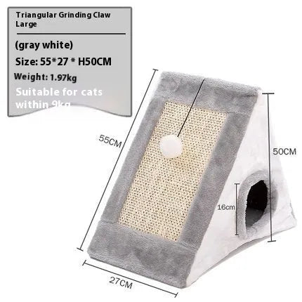 Grey-white triangle cat claw sisal toy with geometric platform design and plate fur material