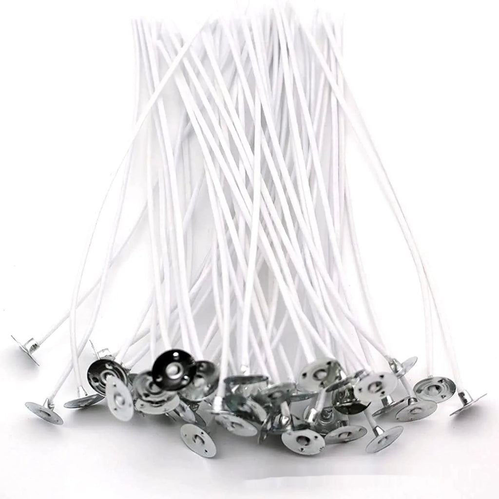 White cotton candle wicks in three lengths - 2.6cm, 6cm, and 8cm - for DIY candle making