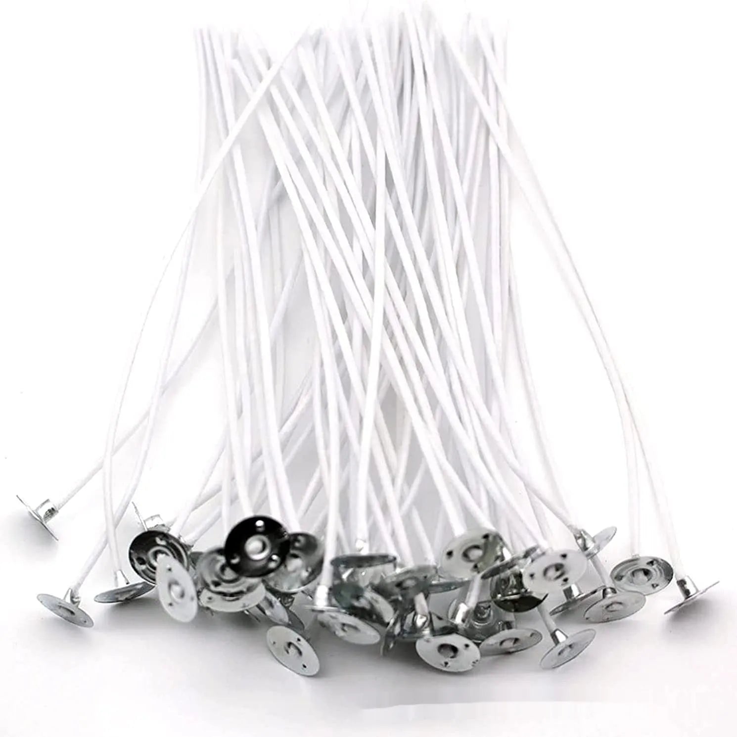 White cotton candle wicks in three lengths - 2.6cm, 6cm, and 8cm - for DIY candle making