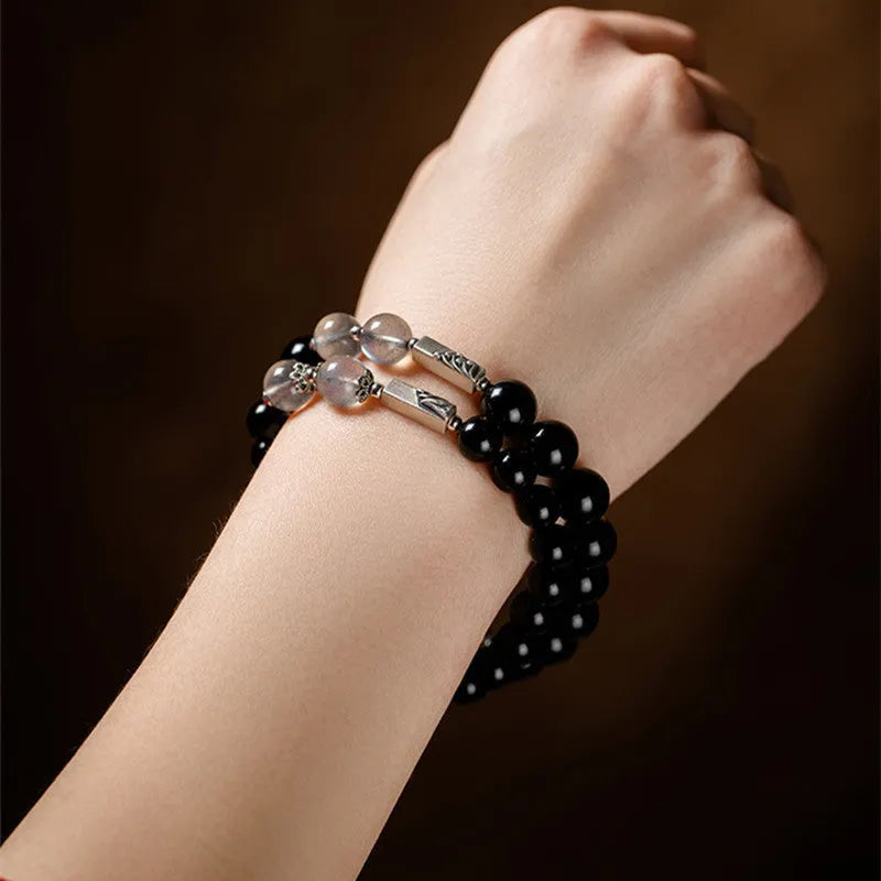 Obsidian Buddha beads DIY couple bracelet kit with 8mm and 10mm national style stone jewellery