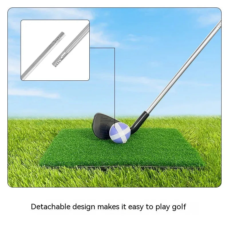 Metal golf club set showing adult and children's sizes for outdoor sports