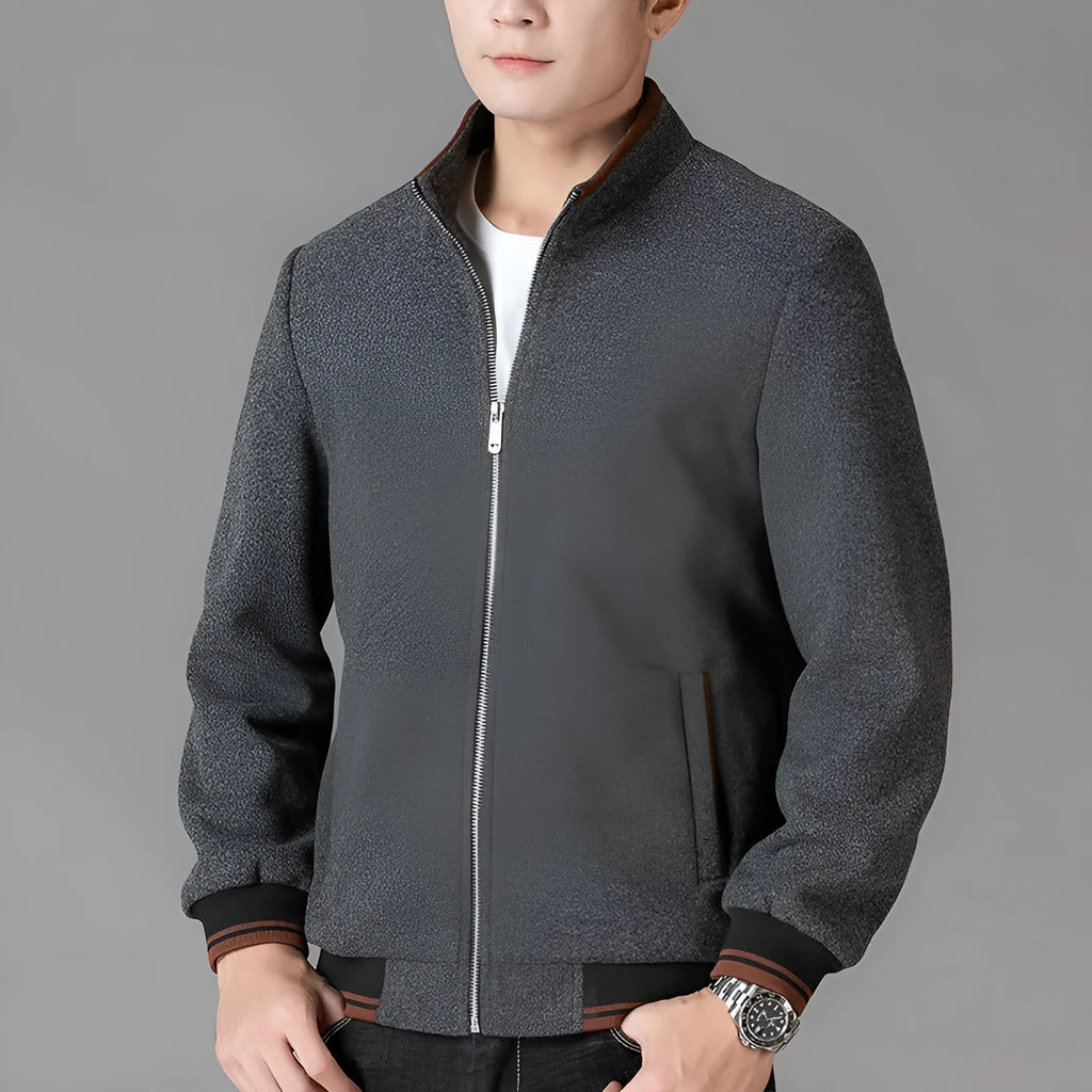 Men's grey sport-style fleece jacket with side pockets, shown on a hanger.