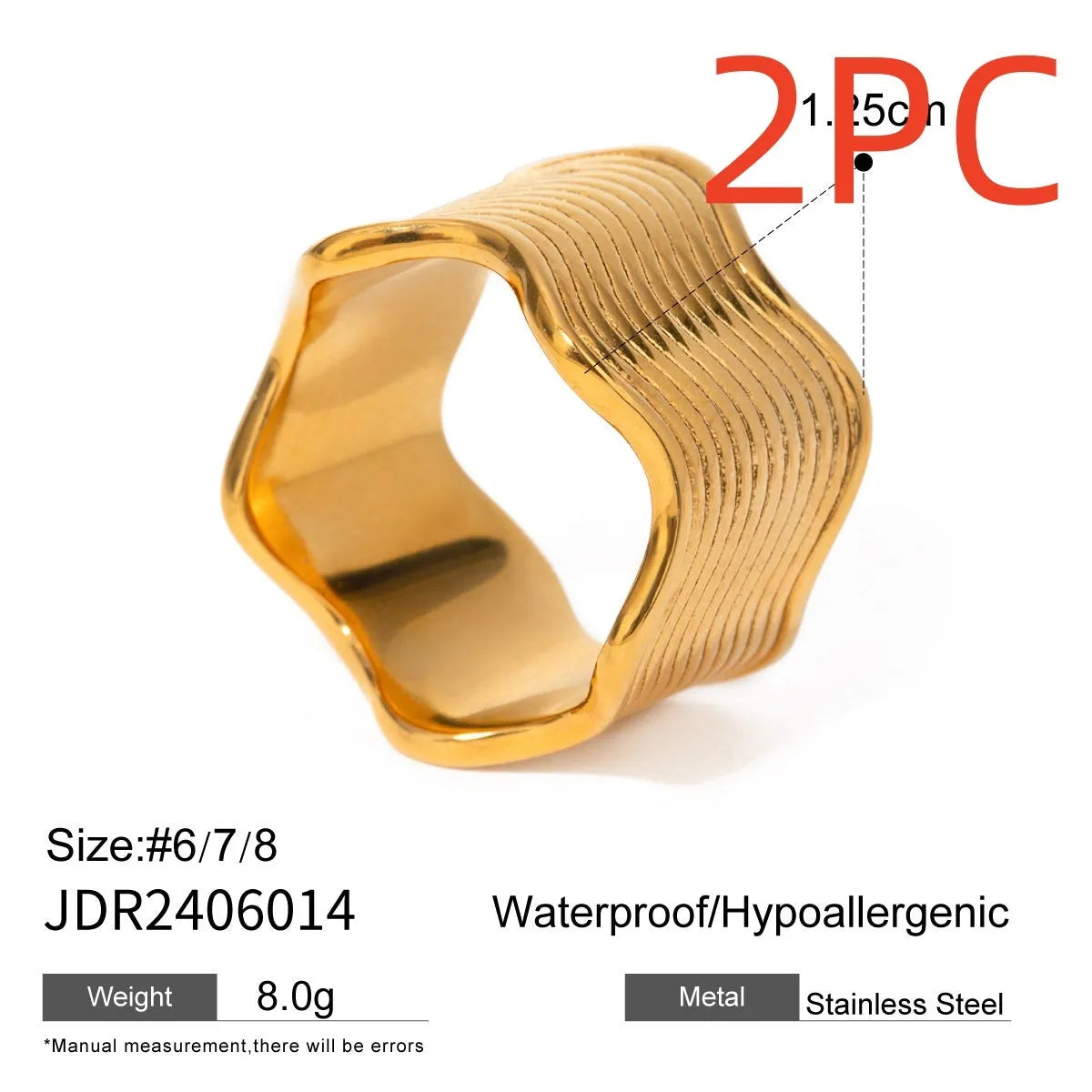 Stainless steel wide band ring with an embossed geometric wave pattern, shown in an electroplated colour.
