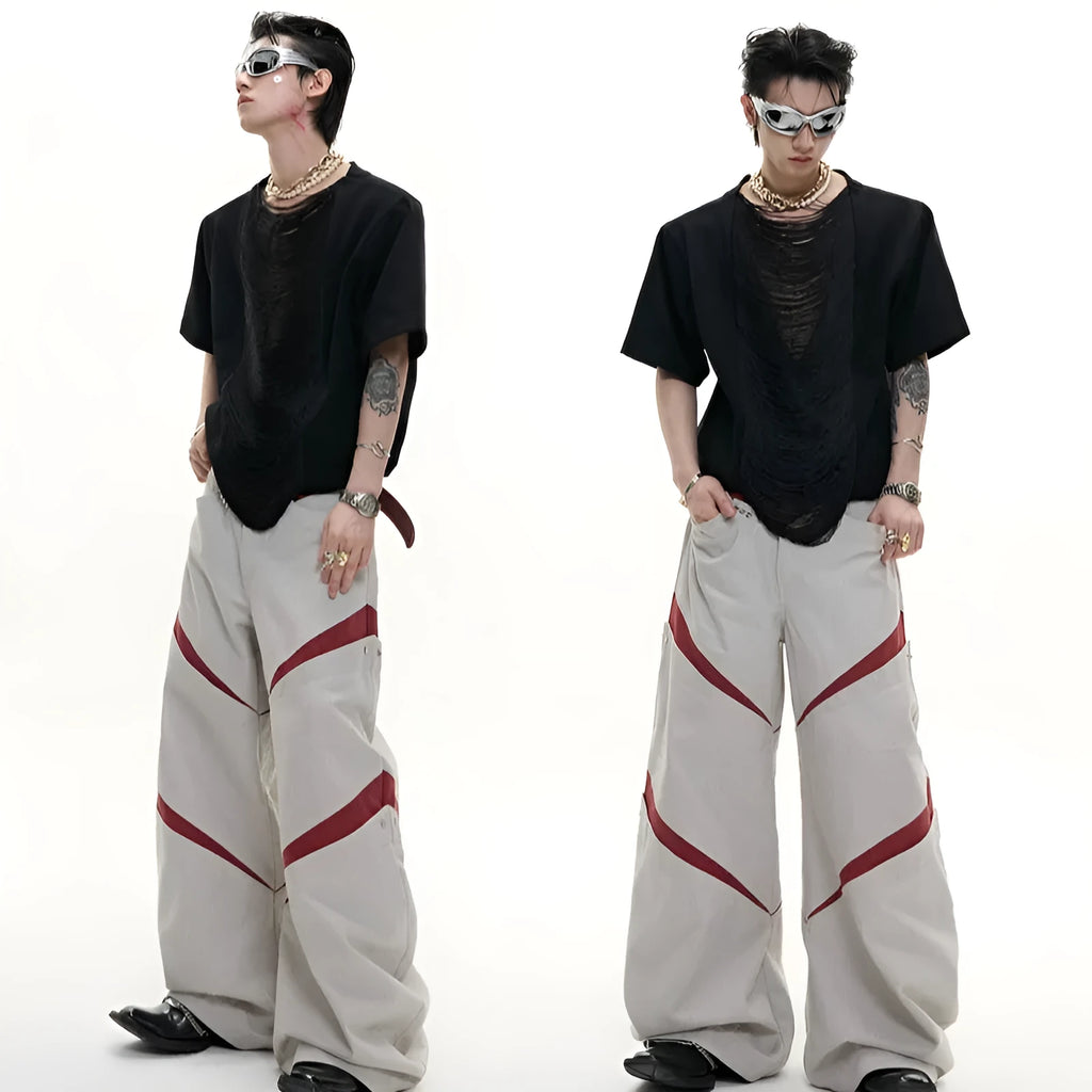 Black men's V-neck short sleeve polyester T-shirt with loose fit and tassel detailing