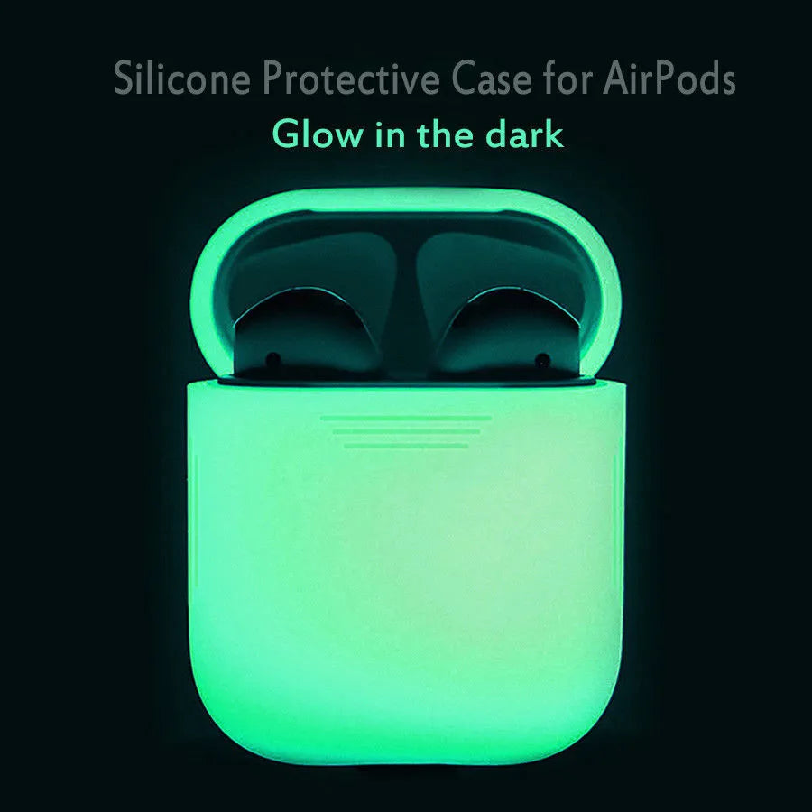 Luminous solid colour silicone flip-top protective case for Apple AirPods wireless earphones.