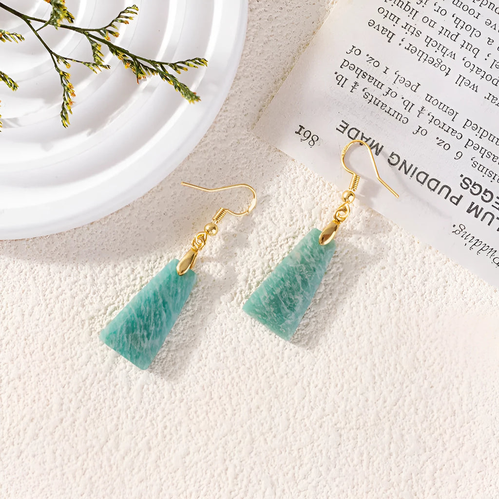 Amazonite rough stone trapezoid earrings in geometric design with gold and silver colour options