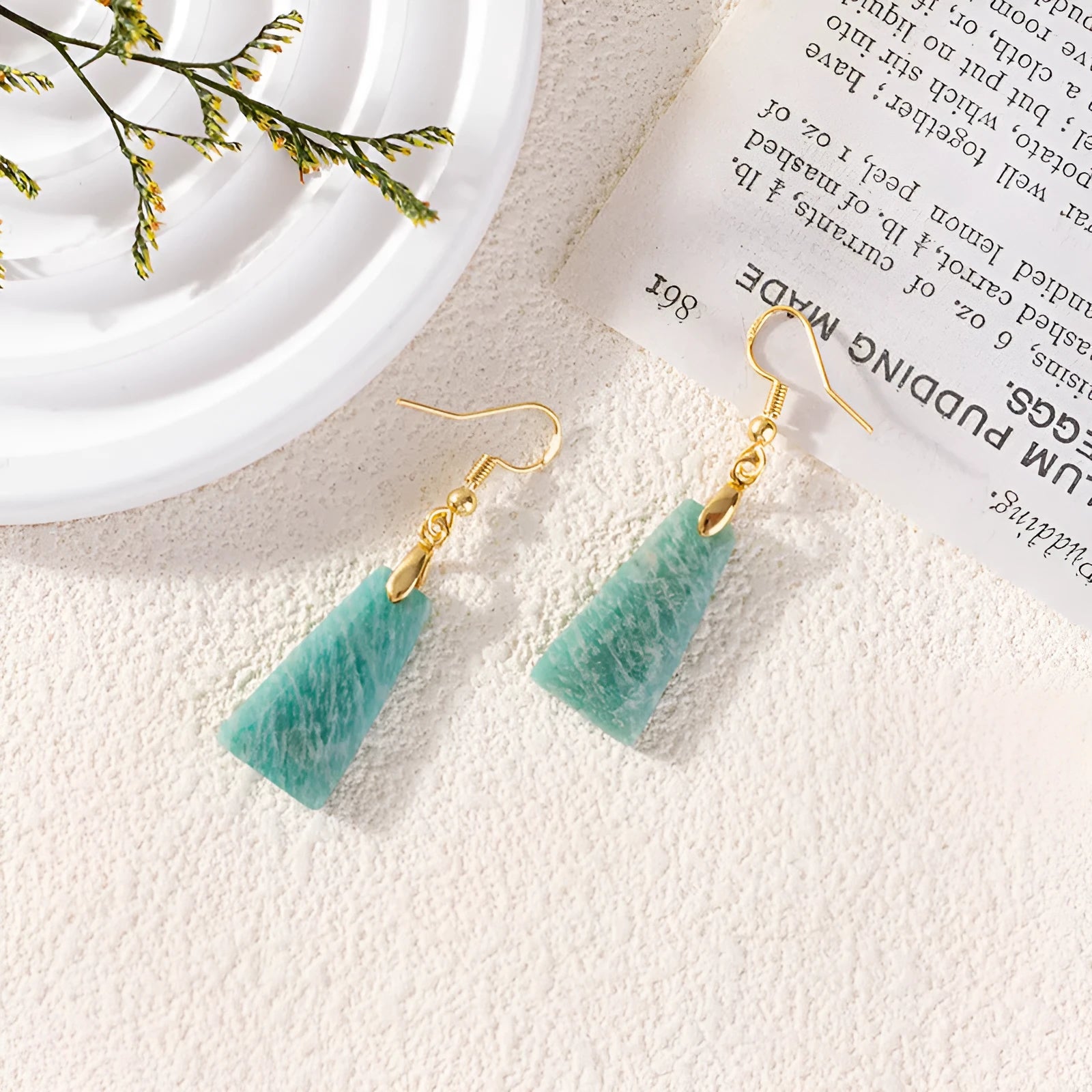 Amazonite rough stone trapezoid earrings in geometric design with gold and silver colour options