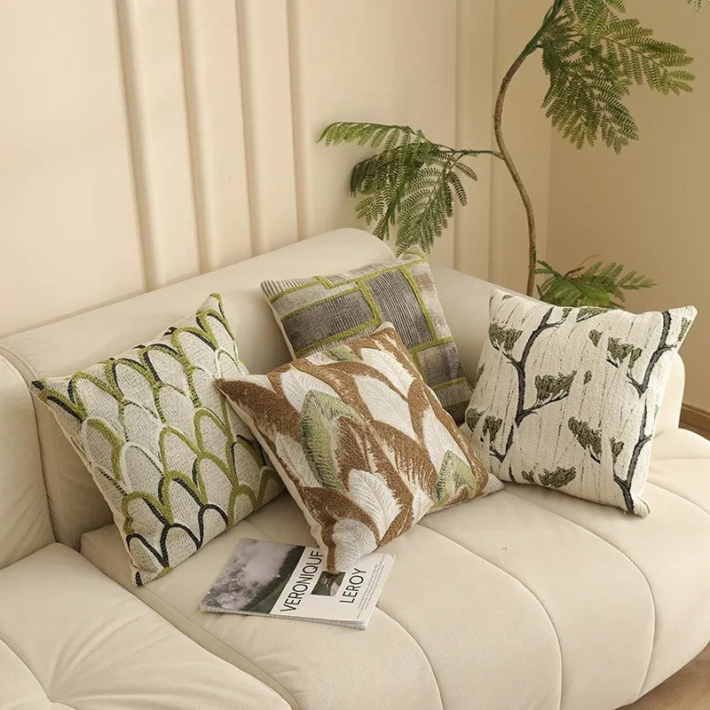 45cm square jacquard cushion cover with retro plant and flower pattern in various colours.