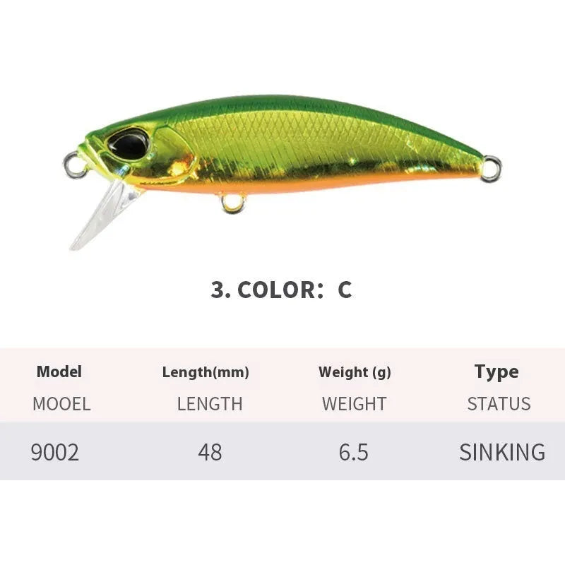 48mm mino fishing lure for snakehead and mandarin fish in various colours.