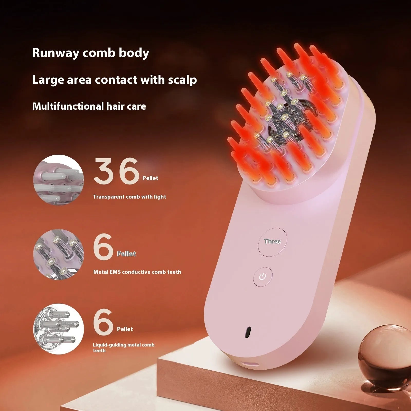 Smart red light massage comb in black or pink colour, compact handheld design