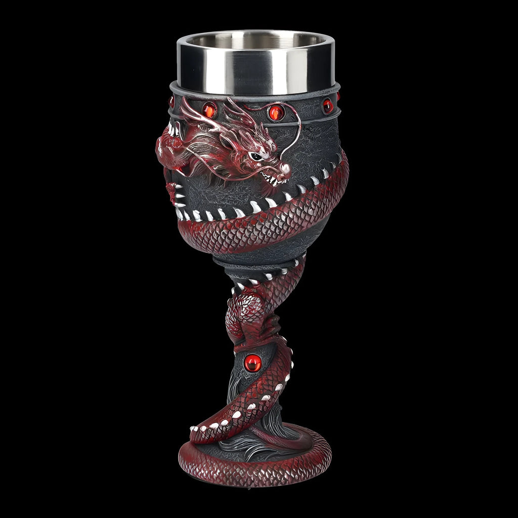 Red wine glass with 3D dragon design in gold colour, stainless steel and resin construction