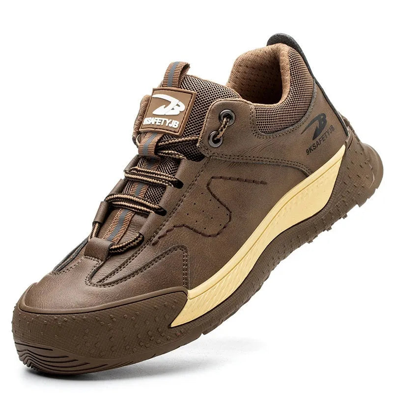 Flyknit safety work shoes with leather upper and rubber sole in multiple colours
