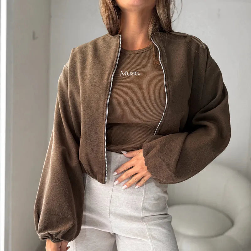 Women's off-shoulder short coat with lantern sleeves in brown casual wear