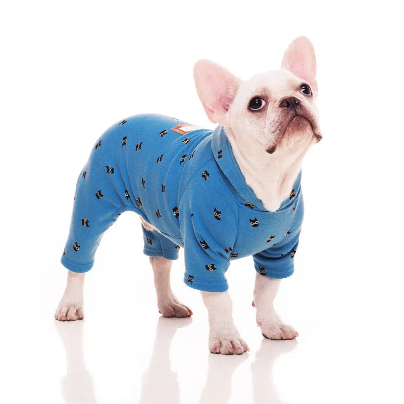 Blue velvet pet hoodie for dogs and cats, four-legged design, size XS to XXXL