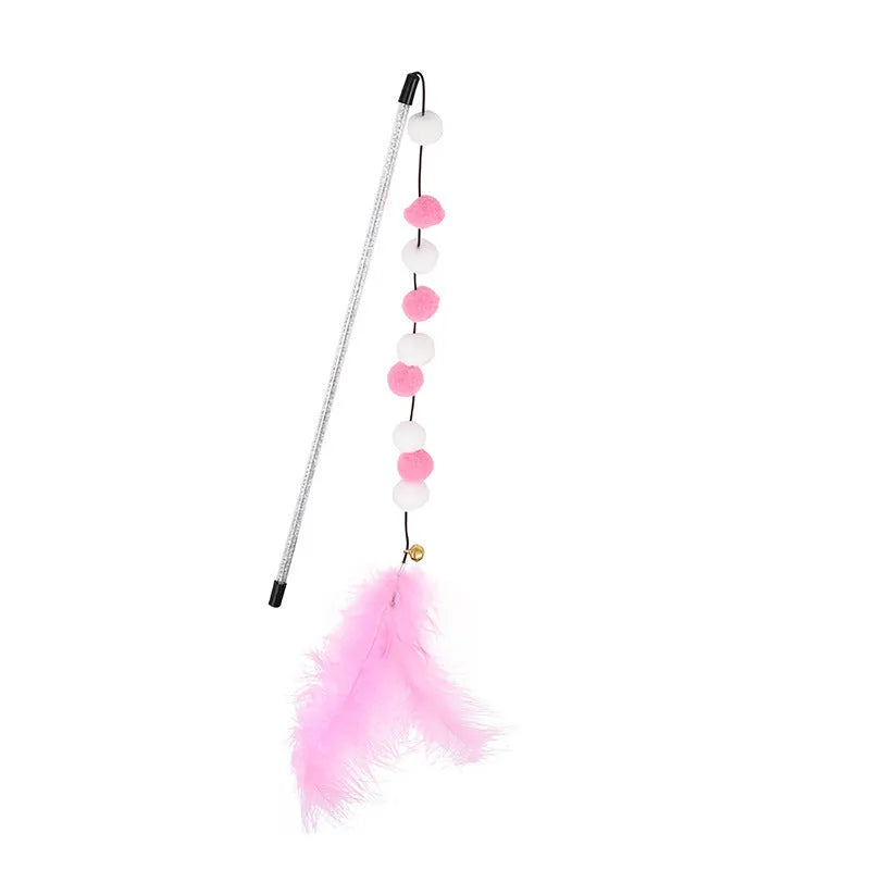 31cm long cat teaser rod with colourful feather pompon and bell attachments