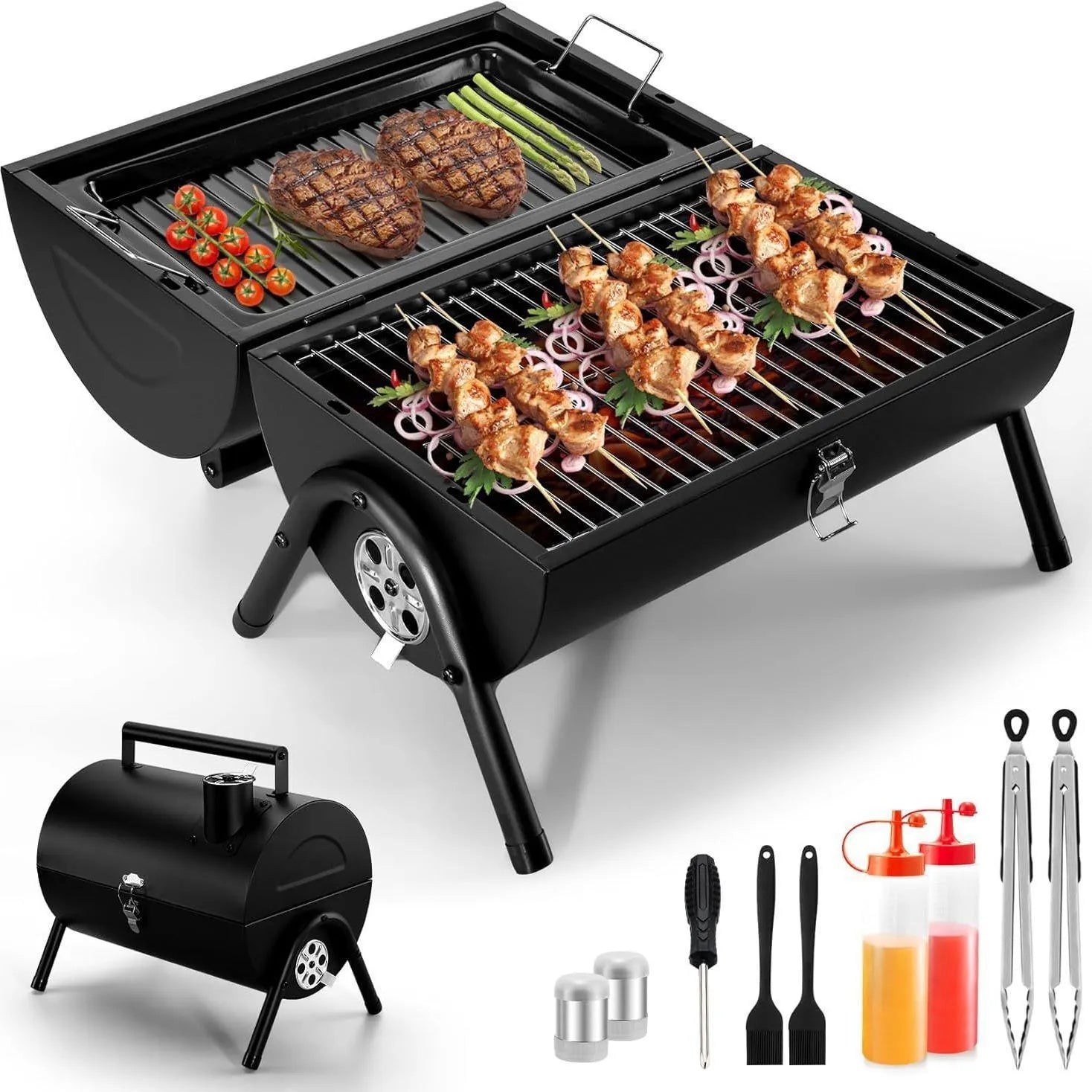 Small foldable desktop charcoal barbecue grill with grill grate, shown in closed and open positions.