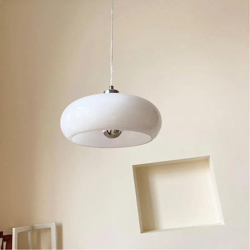 Bauhaus retro style glass pendant ceiling light with three egg tart shaped shades in milk white finish.