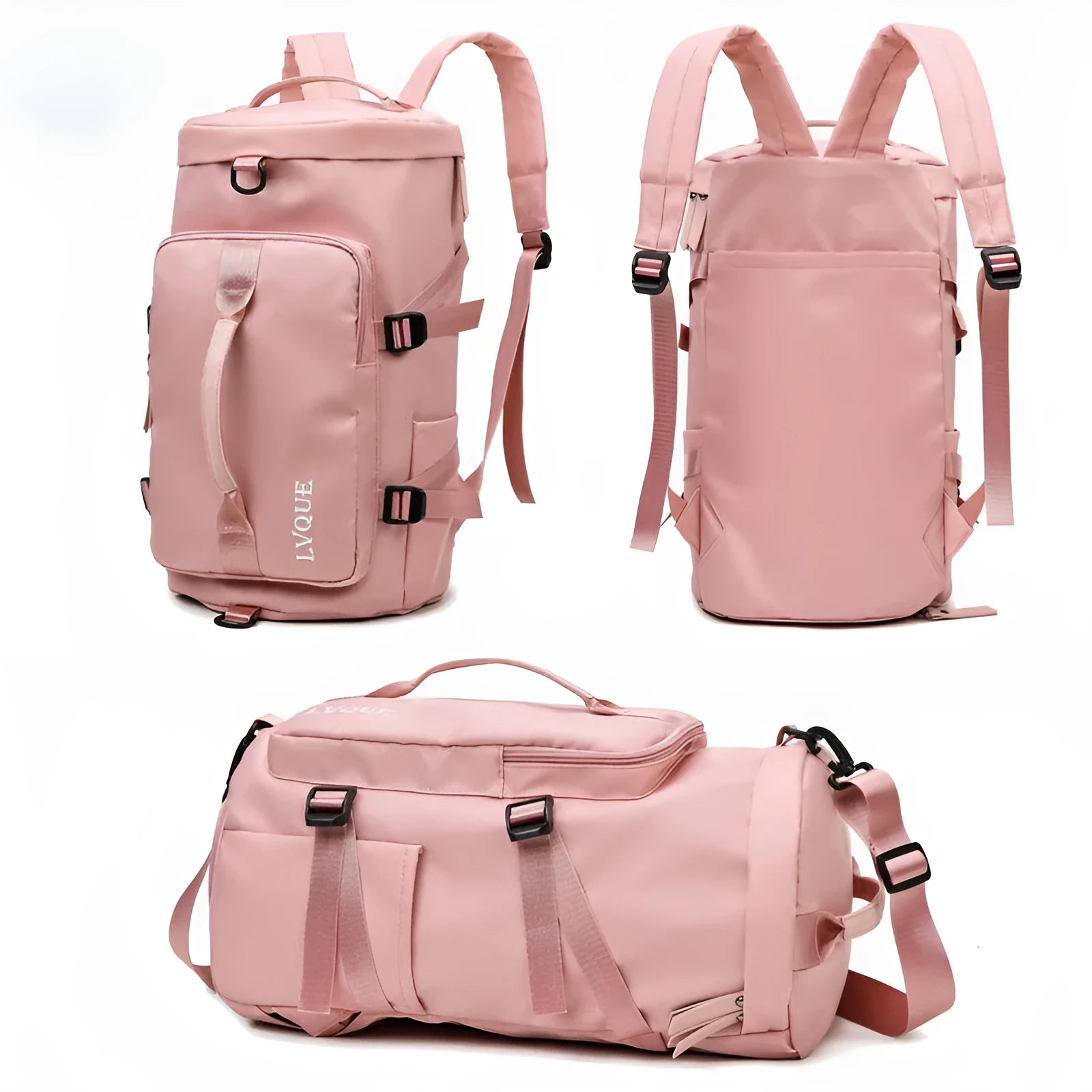 Waterproof nylon gym backpack showing shoe compartment, multiple pockets, and combination lock in blue colour