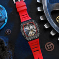 Men's automatic mechanical watch with black dial, luminous hands, stainless steel case, and black rubber strap.