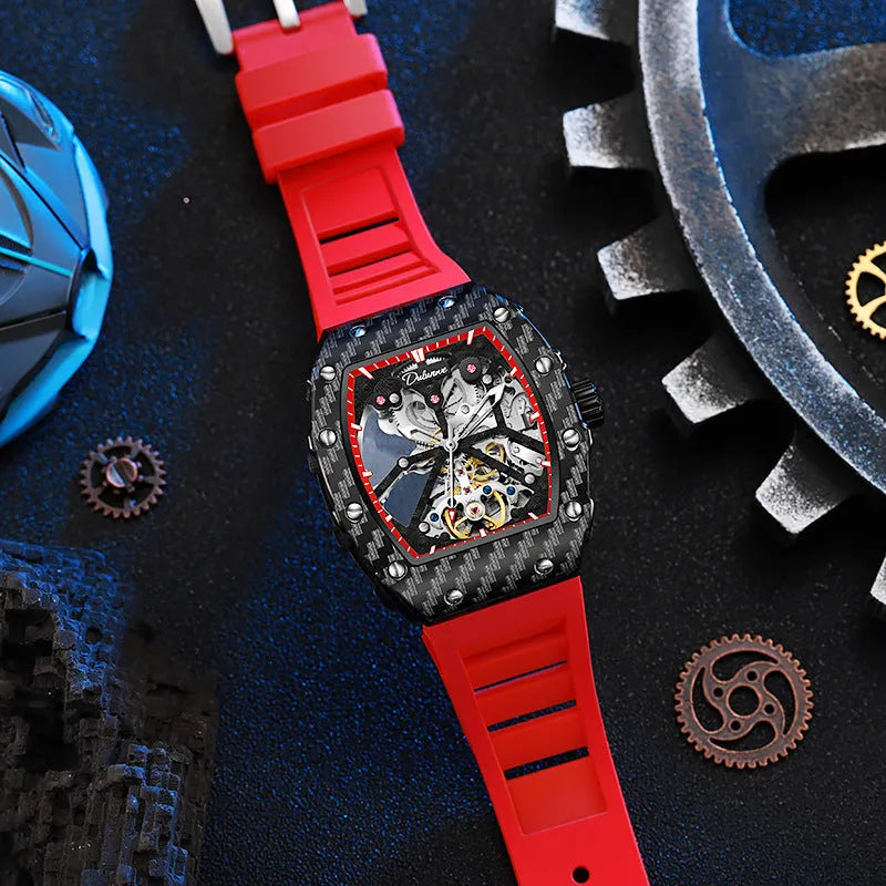 Men's automatic mechanical watch with black dial, luminous hands, stainless steel case, and black rubber strap.