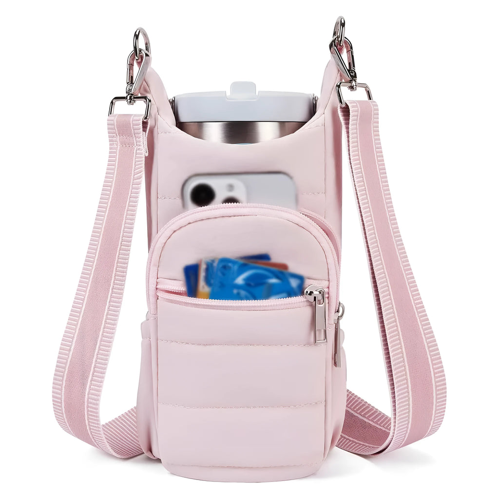 Cloth water bottle bag mounted on bicycle handlebars in beige colour