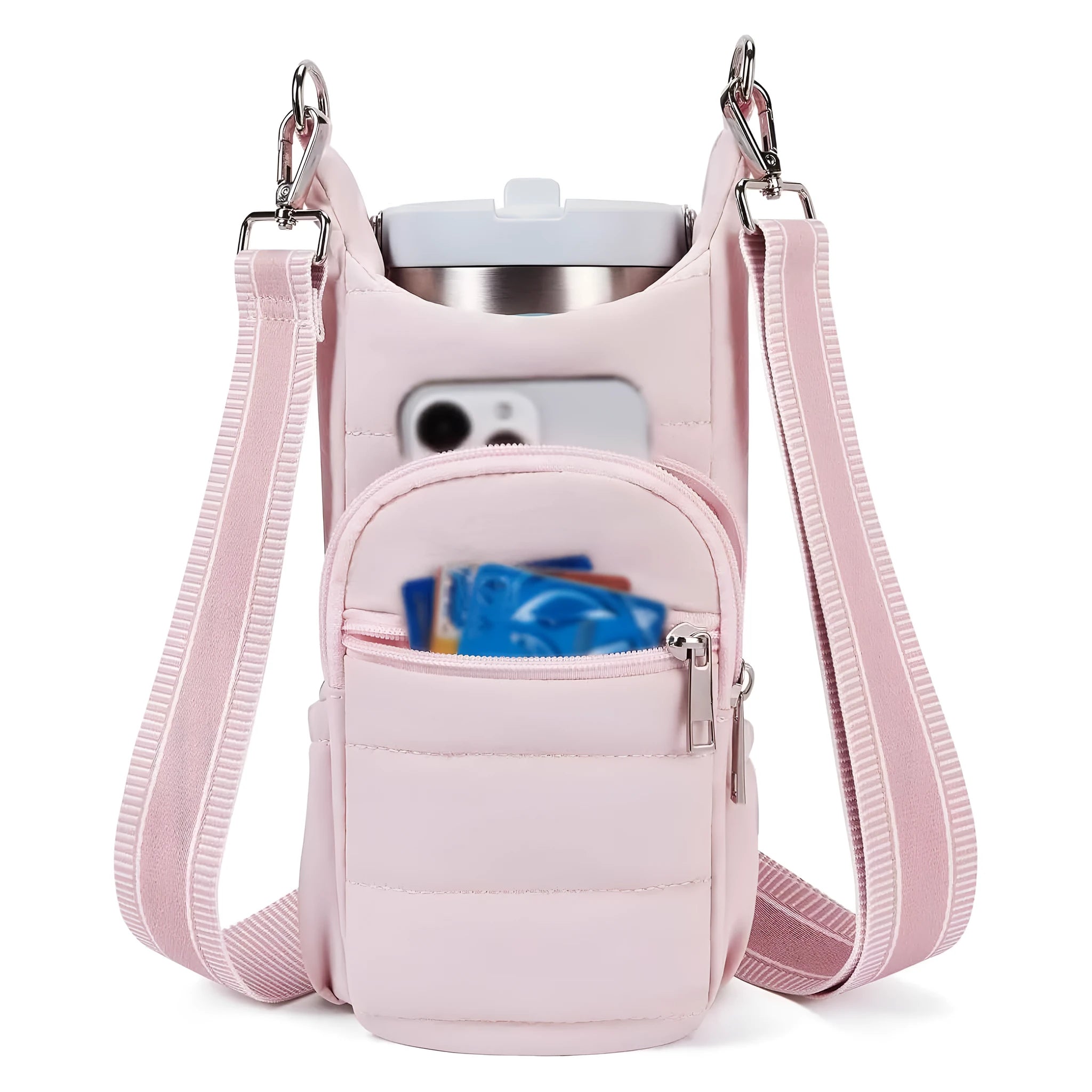 Cloth water bottle bag mounted on bicycle handlebars in beige colour