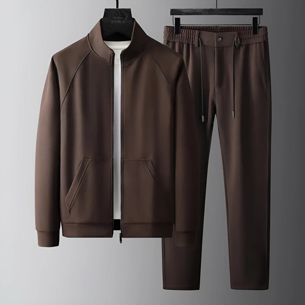 Men's stand collar casual sports suit jacket and trousers in slim fit.