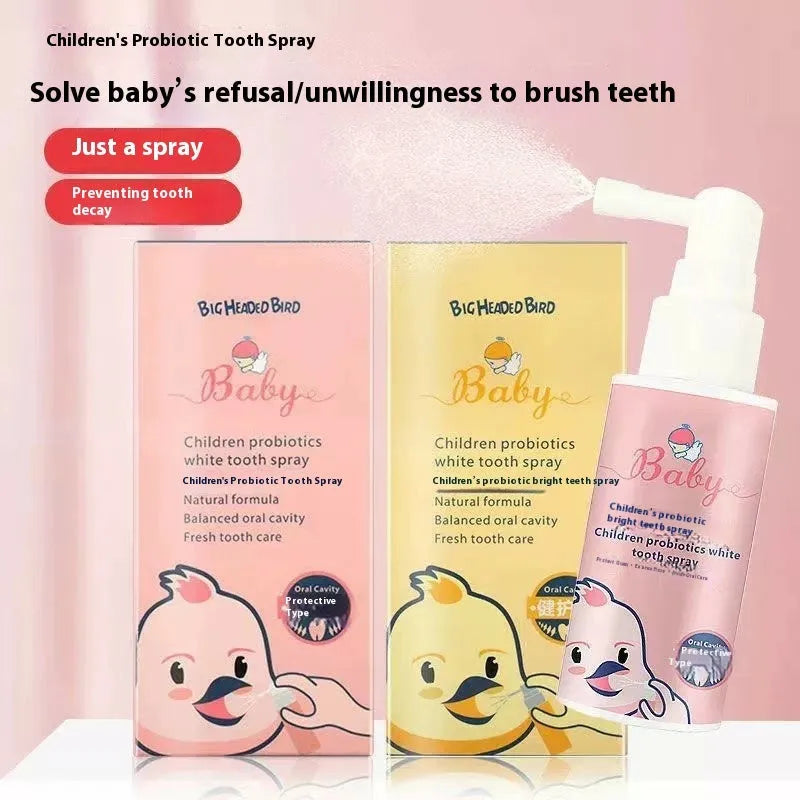Children's probiotics white teeth cleaning spray bottle with strawberry and orange flavour options