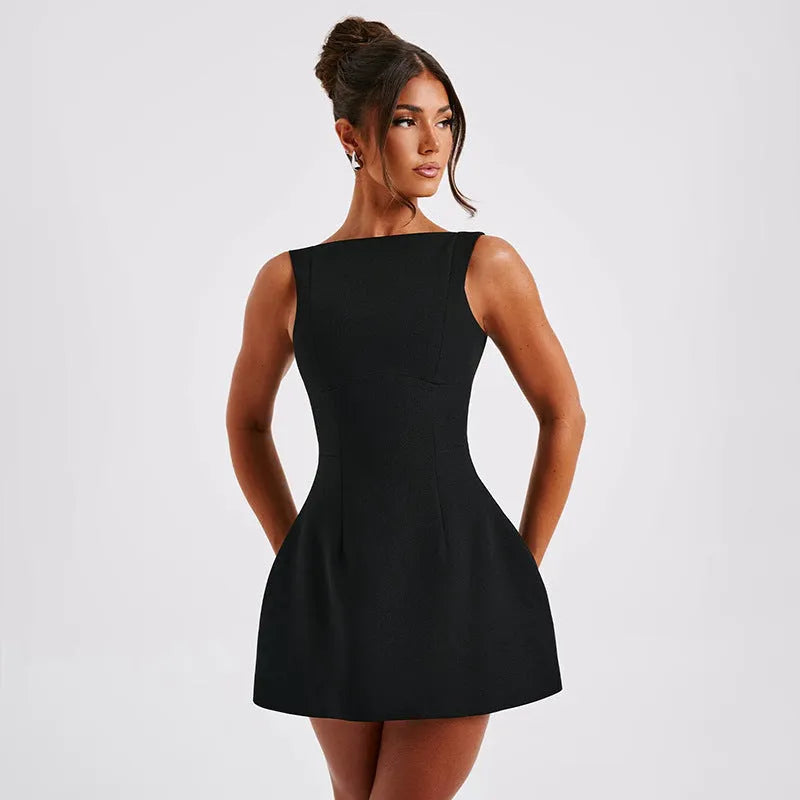 A slim-fitting, backless, sleeveless summer dress with a high waist and short skirt.