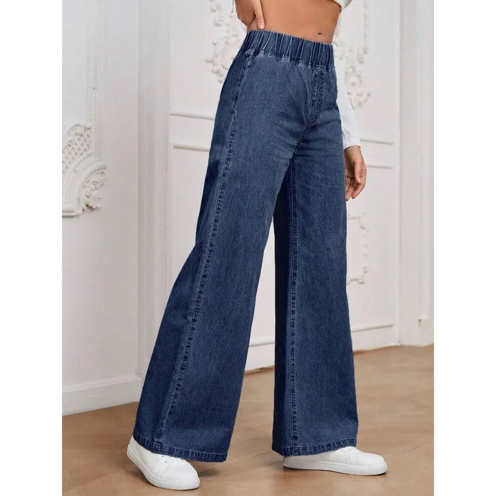 Light blue washed wide-leg denim trousers on hanger showing straight fit and mid-rise waist