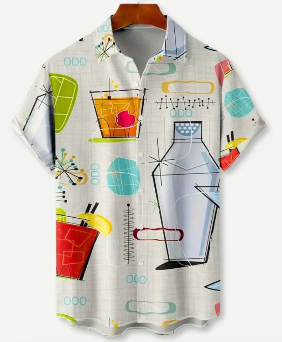 Man's short sleeve Hawaiian floral print shirt with a cardigan lapel, shown in one of 17 available colours.