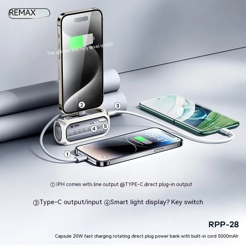 Capsule 20W fast charge folding bracket 5000mAh mini power bank in grey with built-in cables