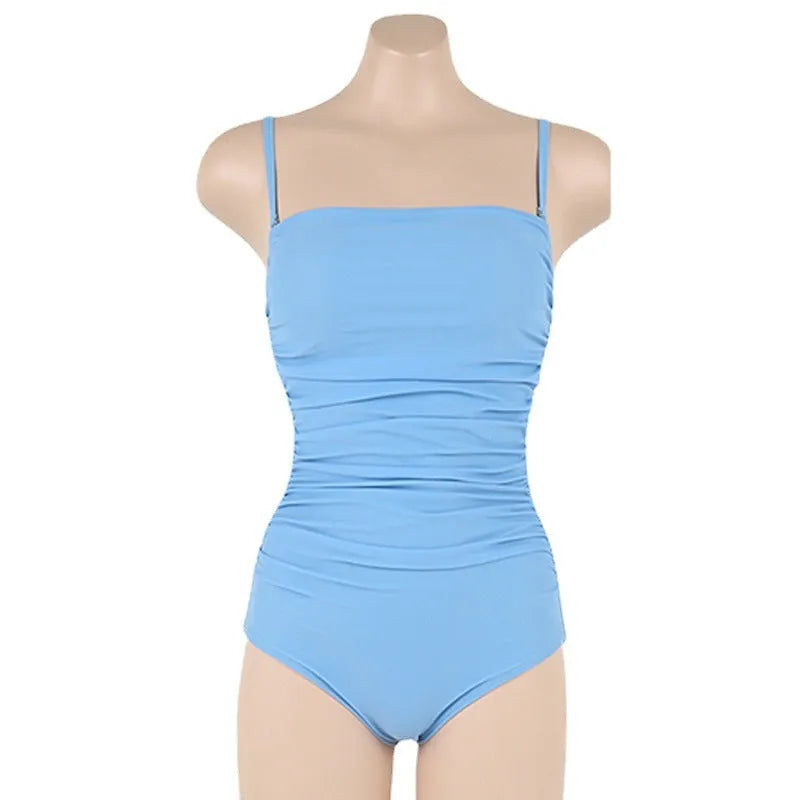 Blue sling style one-piece swimsuit with belly pleating on a mannequin.