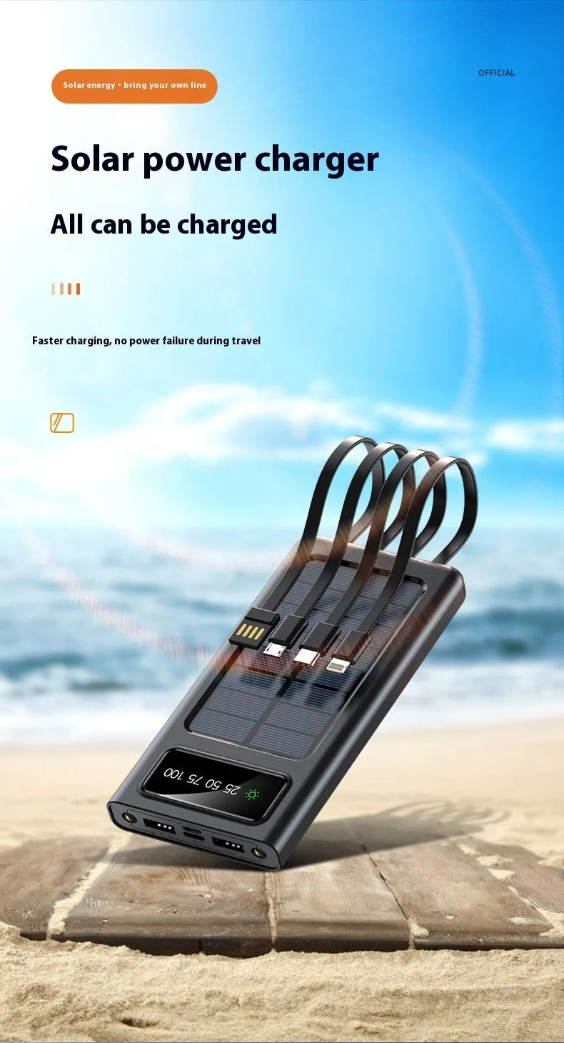 Black and white solar power bank with 20000mAh capacity and four-wire cable for mobile phones