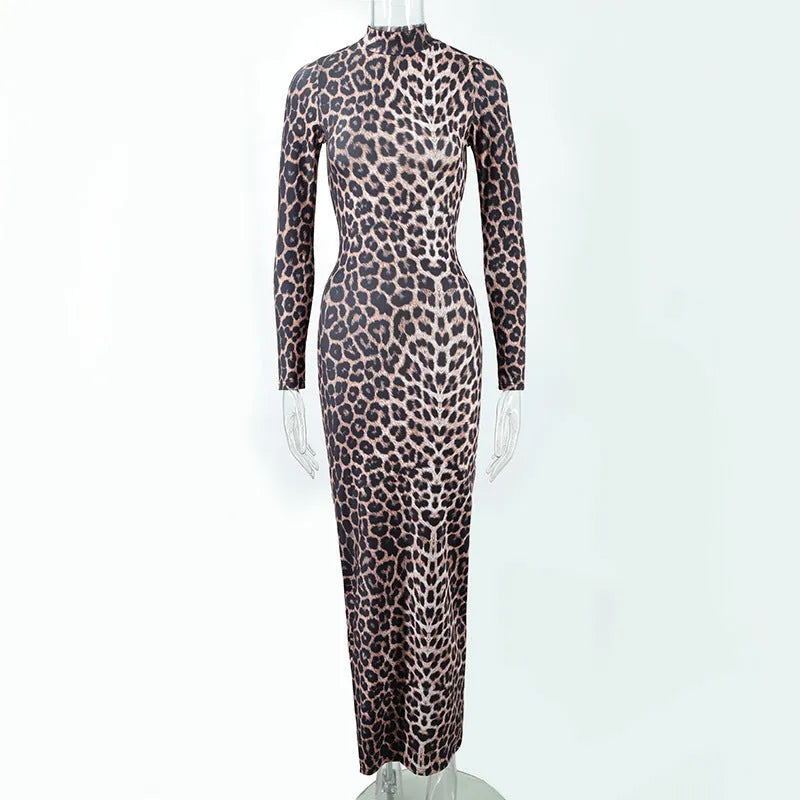 Leopard print women's long dress with stand collar and long sleeves in milk silk fabric.