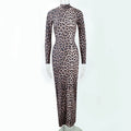 Leopard print women's long dress with stand collar and long sleeves in milk silk fabric.