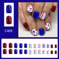 24 short glossy nail stickers with red and blue strawberry and cherry pattern