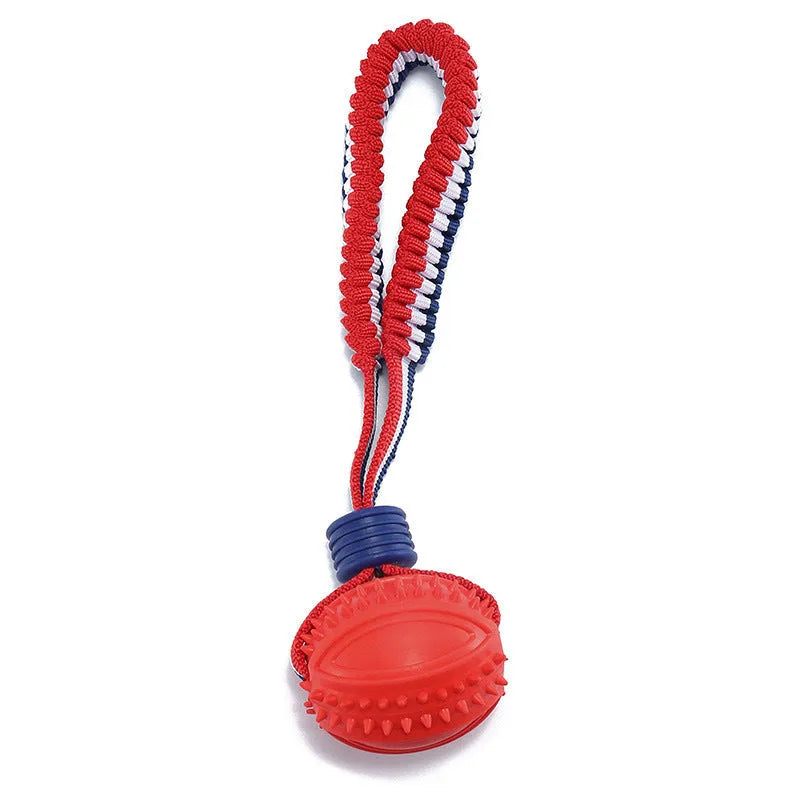 Blue dog ball with rope toy showing textured rubber surface and rope handle for tug-of-war games