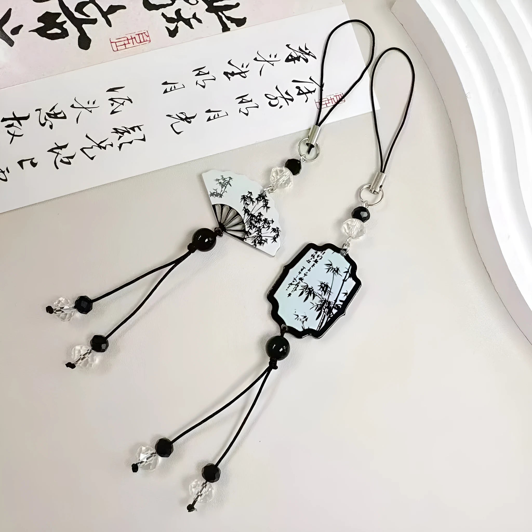 Chinese style Guofeng floral bead pendant keychain with baking varnish finish in Fan or Poetry colour.