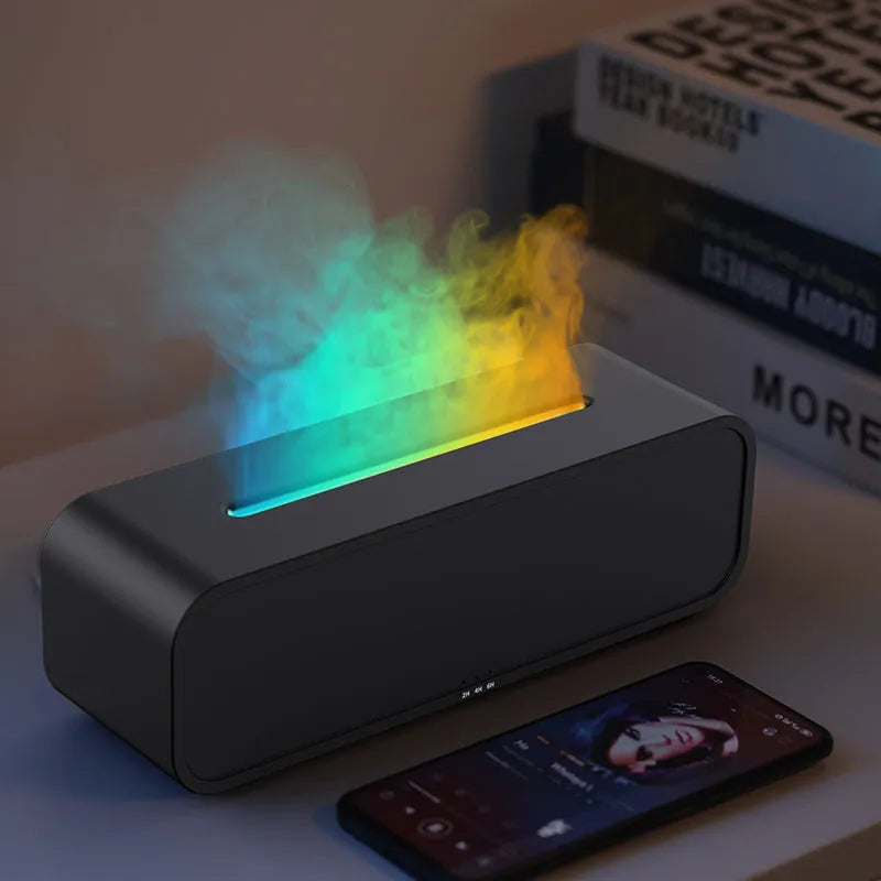 Black and white USB aroma diffuser with remote control and colour-changing LED lights