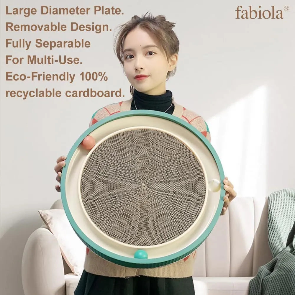 Large green circular cat scratching board with ball track and plush toy for indoor cats